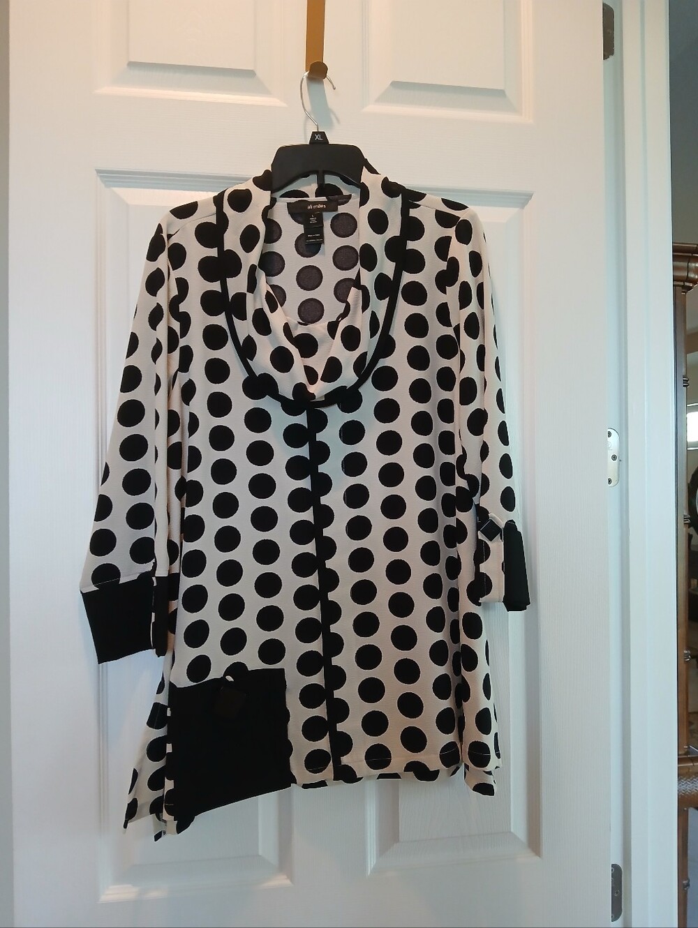 Ali Miles Black and White Polka Dot Long Sleeve Cowl Tunic